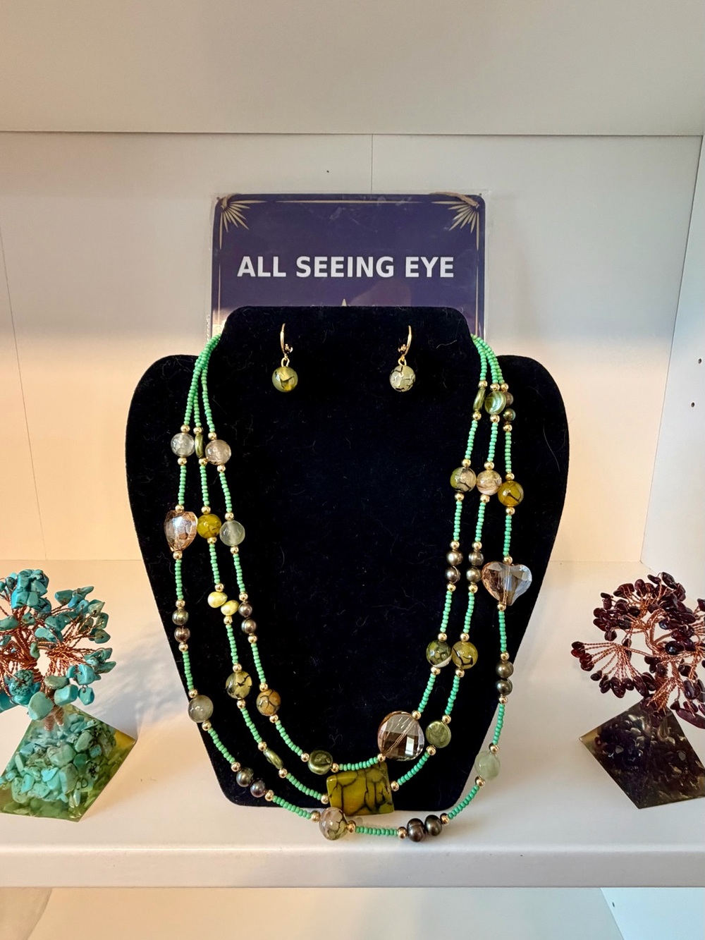 Green Multi-Strand Beaded Necklace with Matching Earrings
